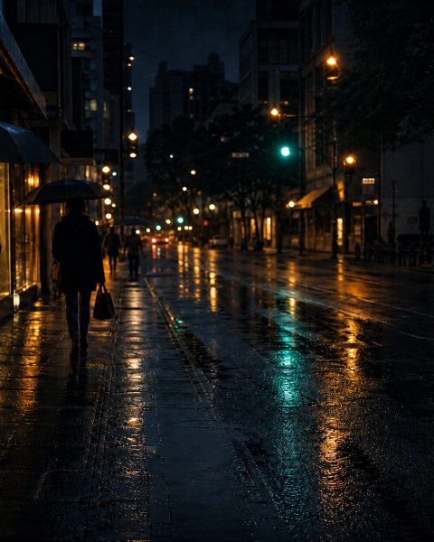 Small Cinemas 展样片：雨夜街道上撑伞的行人，钠灯暖光与冷暗背景