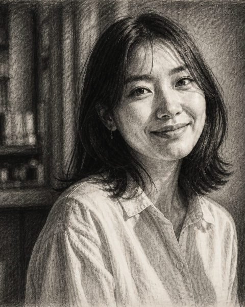 Material Studies 展样片：炭笔素描质感的人像，纸纹与柔和的暗角
